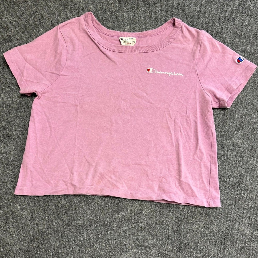 Champion T-Shirt Womens Size Medium Pink Heritage Cropped Cotton Script Logo